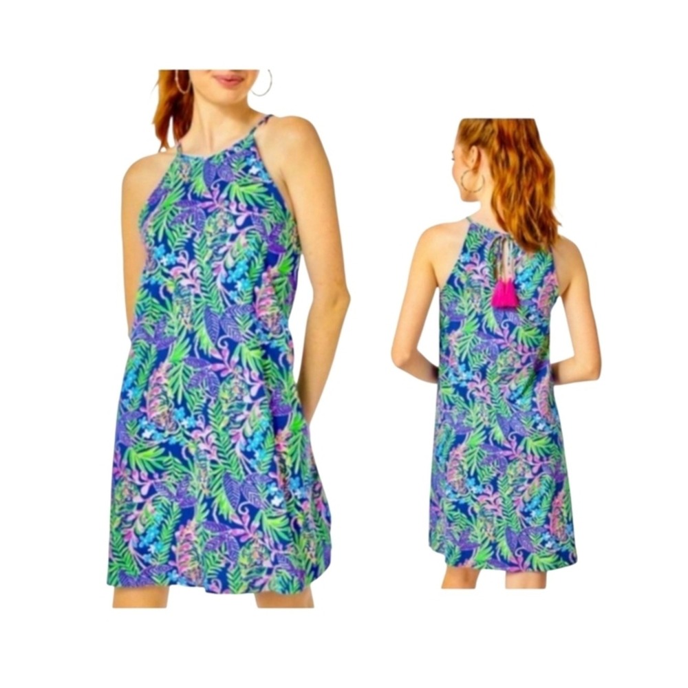 Lilly Pulitzer Blue Green Pink Leaves & Tigers Margot Halter Sleeveless Dress- S